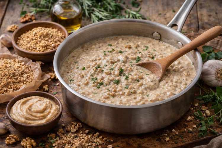 Illustrated placeholder for article titled Walnuts in Sauce Systems: Flavor Depth and Texture Control